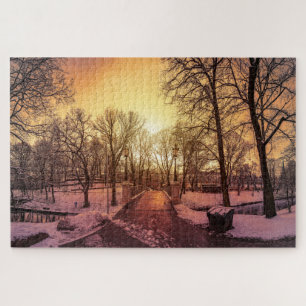 Panoramisch uitzicht van het sneeuwpark tijdens de legpuzzel