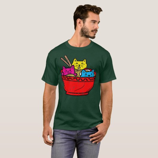 Panseual Kat Ramen Kawaii Japans Voedsel Pan Manne T-shirt (Voorkant volledig)