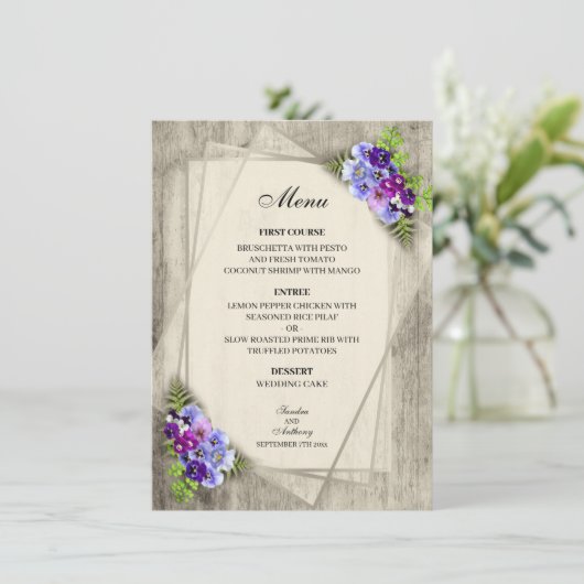 Pansies géométriques rustiques élégantes Menu Mari (Debout devant)