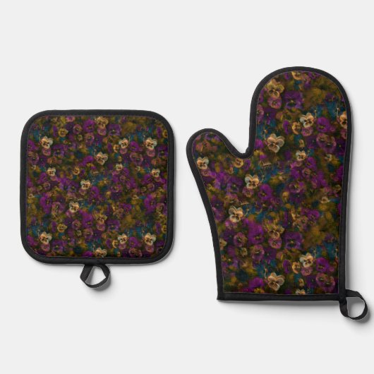 Pansies [gold] Oven Mitt and Pot Holders Ovenwant & Pannenlap Set (Voorkant)