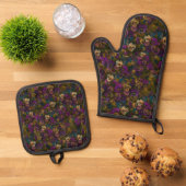 Pansies [gold] Oven Mitt and Pot Holders Ovenwant & Pannenlap Set (Top down)