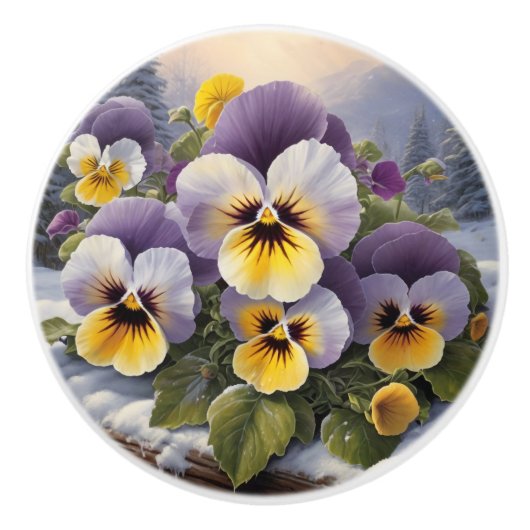 Pansies in de sneeuw keramische knop (Voorkant)
