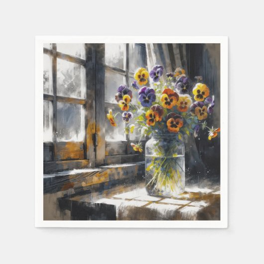 Pansies in een  glazen pot servet (Voorkant)