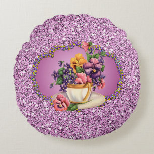 Pansies in Teacup Lavender Faux Glitter Rond Kussen