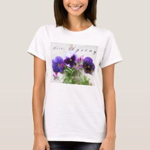 Pansies, lobelia, oud handschrift Hallo lente T-shirt