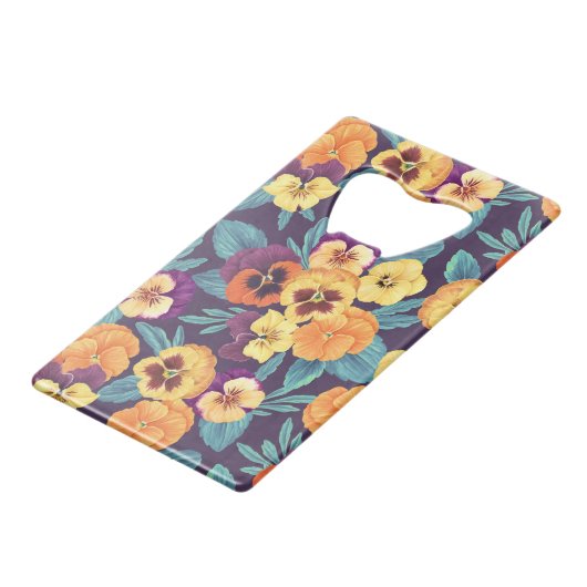 Pansies op pruimenviolet kredietkaart flessenopener (Voorkant Gekanteld)