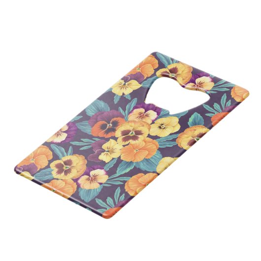 Pansies op pruimenviolet kredietkaart flessenopener (Achterkant Gekanteld)