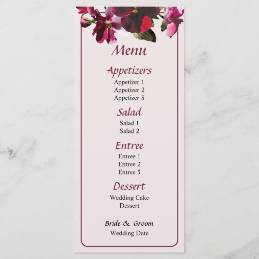 Pansies rose et magenta Menu Mariage (Devant)