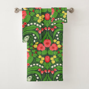 Pansies rouges, oiseaux et papillons