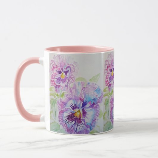 Pansies violettes Aquarelle Peinture Mug rose (Gauche)