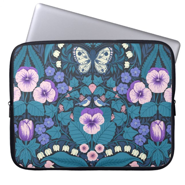 Pansies, vogels en vlinders laptop sleeve (Voorkant)