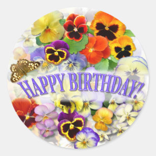 Pansy Beauty met vlinder Birthday Greeting Ronde Sticker