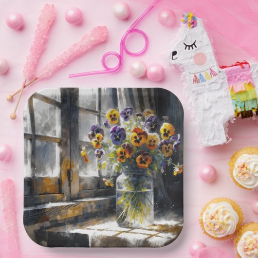 Pansy boeket in een raam impressionisme papieren bordje (Feest)