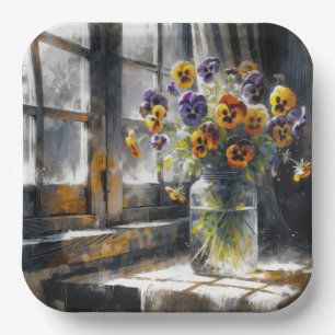 Pansy boeket in een raam impressionisme papieren bordje