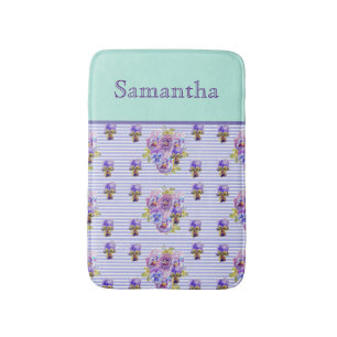 Pansy Flower Aqua Stripe art floral Girls Name Badmat