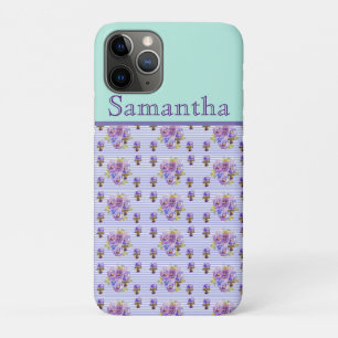 Pansy Flower Aqua Stripe art floral Girls Name iPhone 11 Pro Hoesje