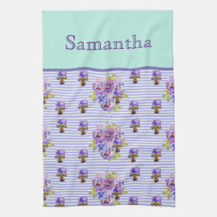 Pansy Flower Aqua Stripe art floral Girls Name Theedoek