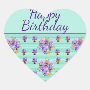 Pansy Flower Aqua Stripe floral Mum Happy Birthday Hart Sticker