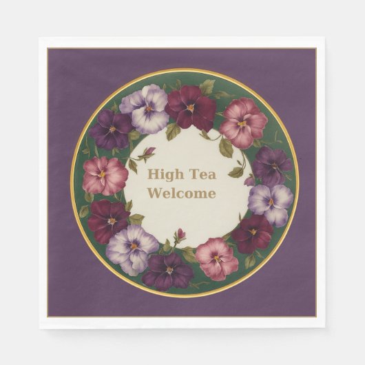 Pansy High Tea Napkins • Deep Plum & Gold Servet (Voorkant)