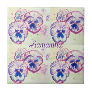 Pansy Panies Purple Flowers Floral Waterverf Naam Tegeltje