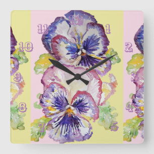 Pansy Waterverf Floral Flower Childs Room Clock Vierkante Klok