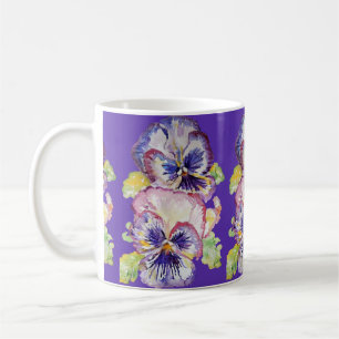 Pansy Waterverf floral Pattern on Dark Paars Mok