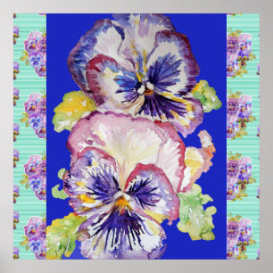 Pansy Waterverf Flower Painting Navy blue Poster