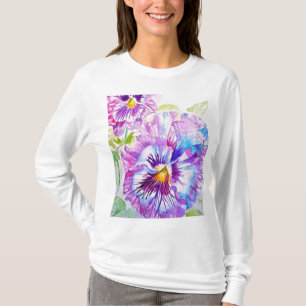 Pansy Waterverf Patroon op Paarse Blue Pansies T-shirt
