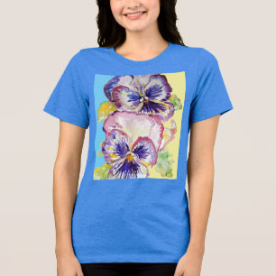 Pansy Waterverf Patroon op Roze en Bleek Geel Tri-Blend Shirt