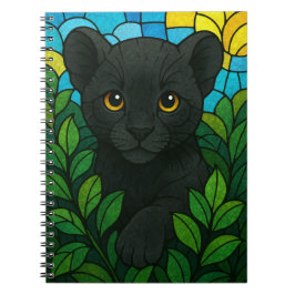 Panterwelp tussen struiken, gebrandschilderde glas notitieboek