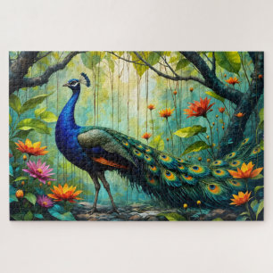 Paon dans un puzzle de jungle florale