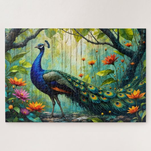 Paon dans un puzzle de jungle florale (Horizontal)