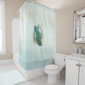 Paon de rideau en douche, turquoise, cru, minable (En situation)