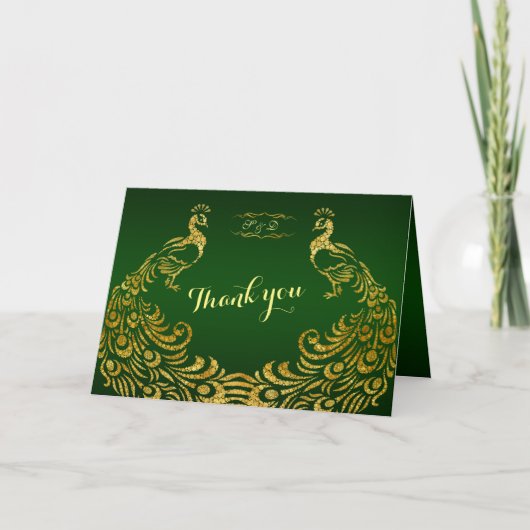 Paon doré vert royal Mariage MERCI (Devant)