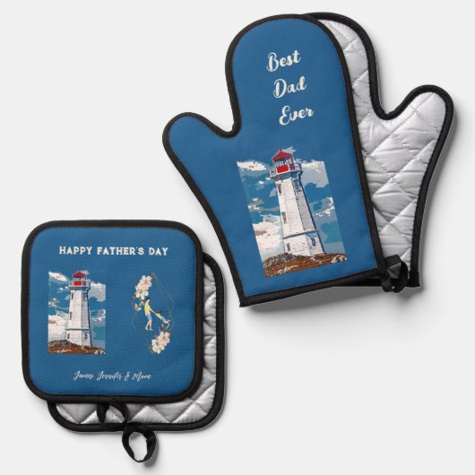 Pap Daughter Bonding Lighthouse Happy Vaderdag Ovenwant & Pannenlap Set (Voorkant / Achterkant)