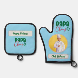 Papa Clause Chef Gepersonaliseerde Foto en Naam Gi Ovenwant & Pannenlap Set