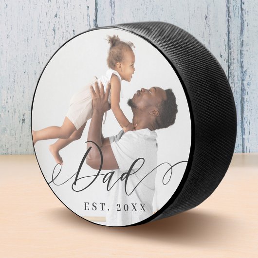 Papa Elegant Script Minimale Vaderdag Gift Foto Hockey Puck