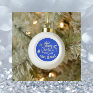 Papa en mama vrolijk kerstzilver op blauw keramische bal ornament
