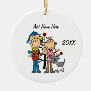 Papa, mama, Toddler Boy, Baby Girl, Grey Dog Ornam Keramisch Ornament