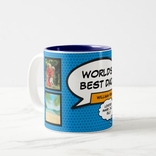 Papa, vader, pappa 4 foto's leuk stripboek blauw tweekleurige koffiemok (Voorkant links)