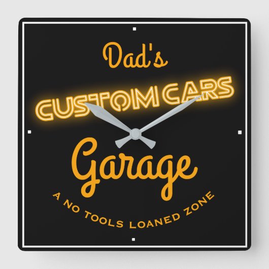 Papa's aangepaste auto's Garage Gold Faux Neon Fun Vierkante Klok (Voorkant)