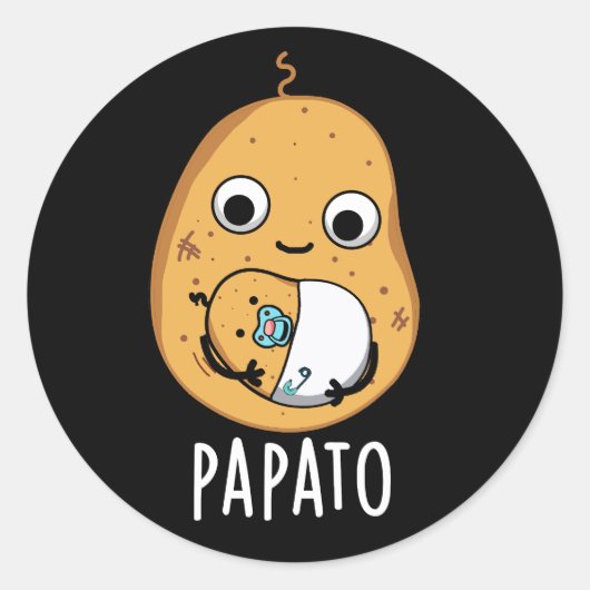 Papato Funny Potato Pun Dark BG Ronde Sticker (Voorkant)