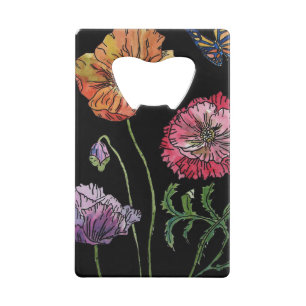 papaver op zwart Waterverf schilderen Kredietkaart Flessenopener