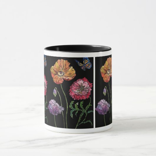  papaver op zwart Waterverf schilderen Mok (Midden)