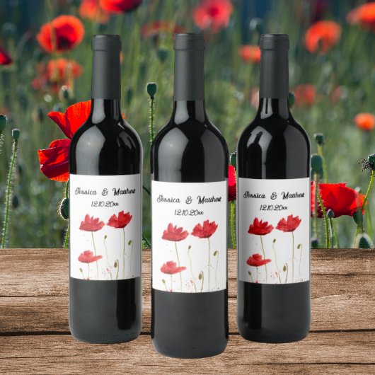 Papaver Rode bloemenbruiloft Waterverf Bruiloften Wijn Etiket