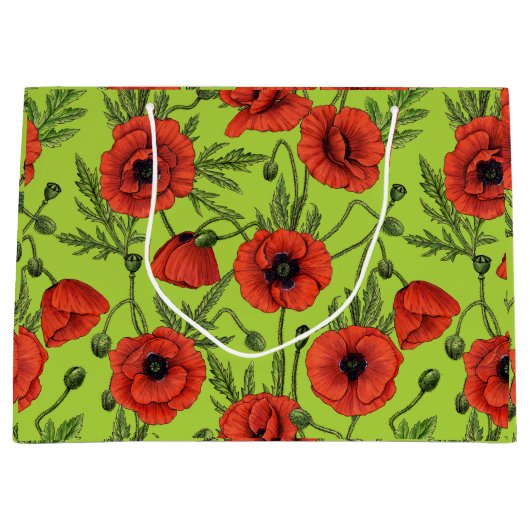 Papaver, rood en groen op limoengroen groot cadeauzakje (Voorkant)