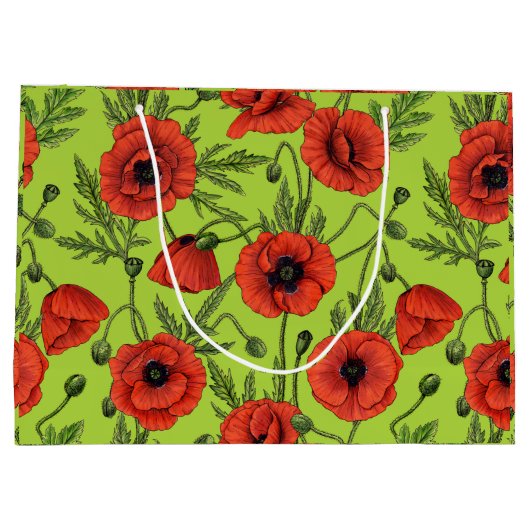 Papaver, rood en groen op limoengroen groot cadeauzakje (Achterkant)