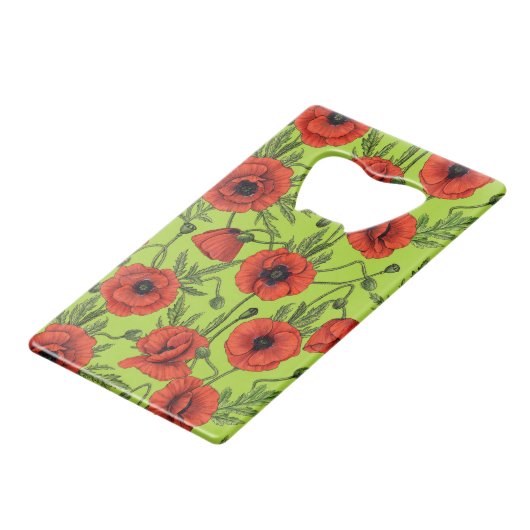 Papaver, rood en groen op limoengroen kredietkaart flessenopener (Achterkant Gekanteld)