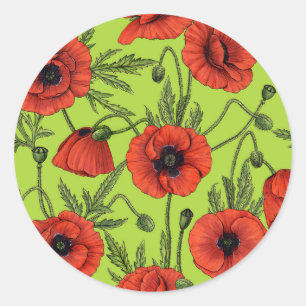 Papaver, rood en groen op limoengroen ronde sticker