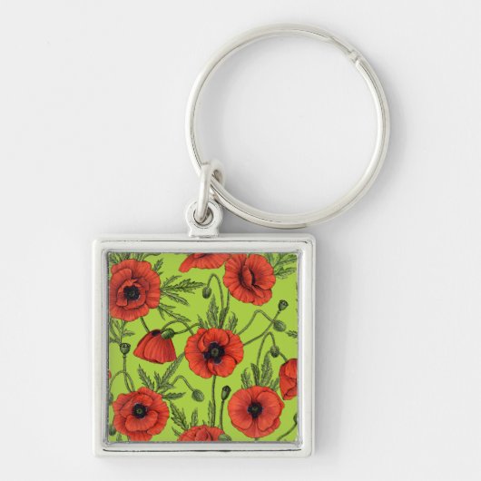 Papaver, rood en groen op limoengroen sleutelhanger (Voorkant)